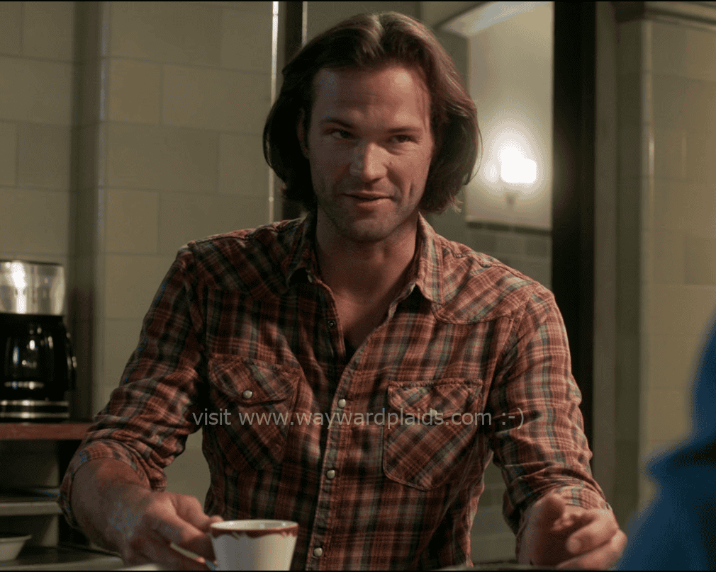 Sam is wearing this plaid when he's reunited with Dean when Michael takes off for a bit. Dean gives Sam a bunch of shit about his grief beard while he's wearing this plaid, see the shirt entry page I screencapped the whole sweet bit. :-) This is a late season plaid, kind of a thick...