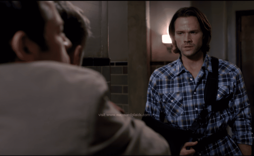 This absolutely gorgeous shirt has been in so many episodes but for ME it's always going to be Sam in that arm brace, pulling Dean out of Demon!Dean.