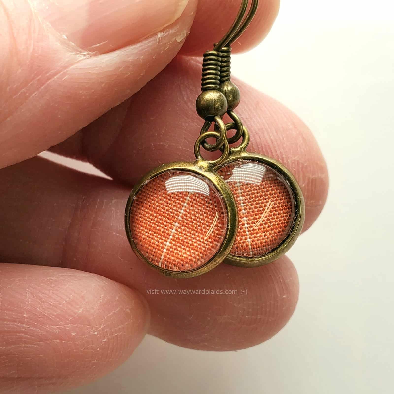 Sam's Orange Plaid Earrings, Bright Orange on Bronze.