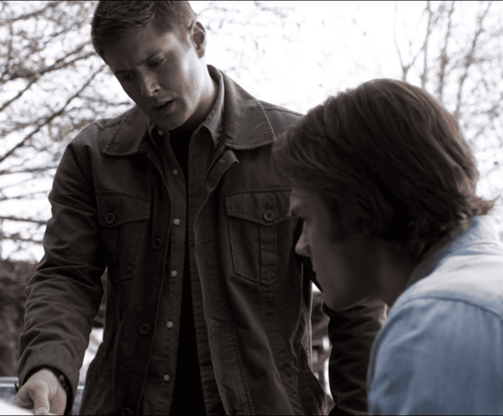 I love this one so much. For me, this has to be Dean's second most iconic look, right after that leather car coat. This jacket comes with shoulder epaulets but fanon says costuming removed them, so I guess you should too. :-D Dean goes back in time in this jacket. He meets Crowley and kisses...